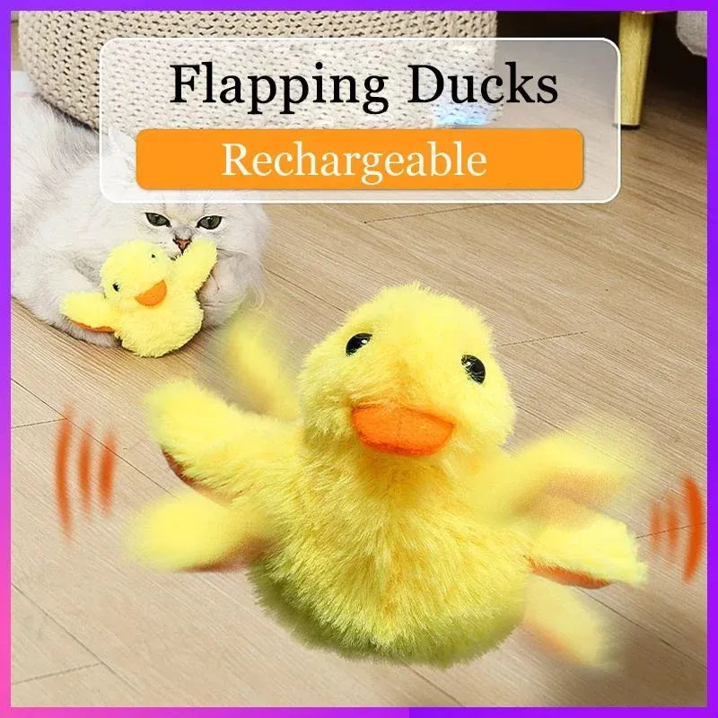 Yellow flapping duck cat toy with plush material and USB charging cable