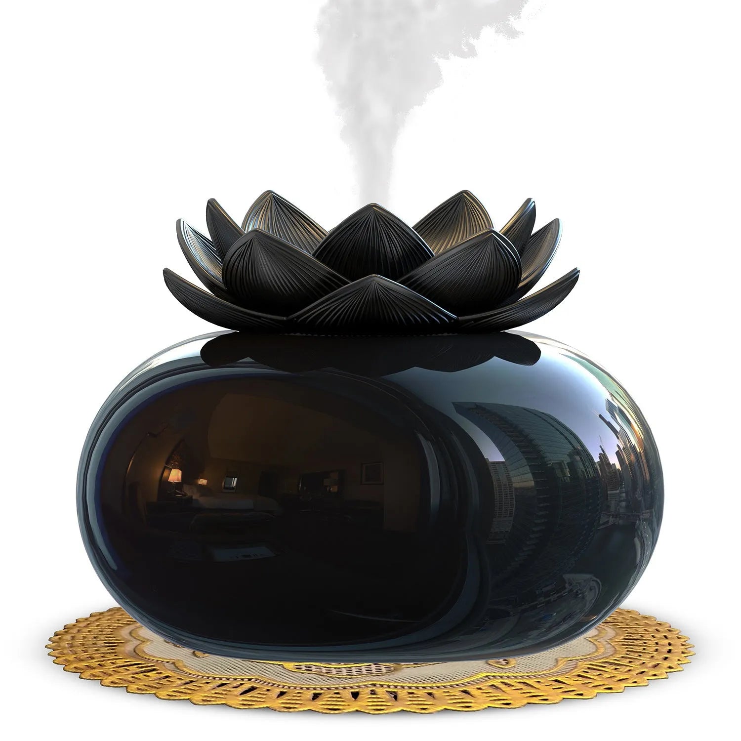 Pure black lotus-shaped ultrasonic humidifier with USB cable and ceramic construction