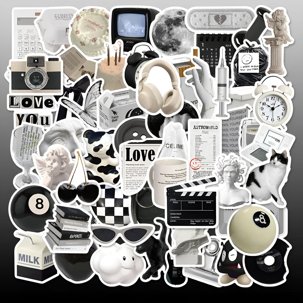 61-piece pack of black and white PVC waterproof decorative stickers for laptops and bottles.