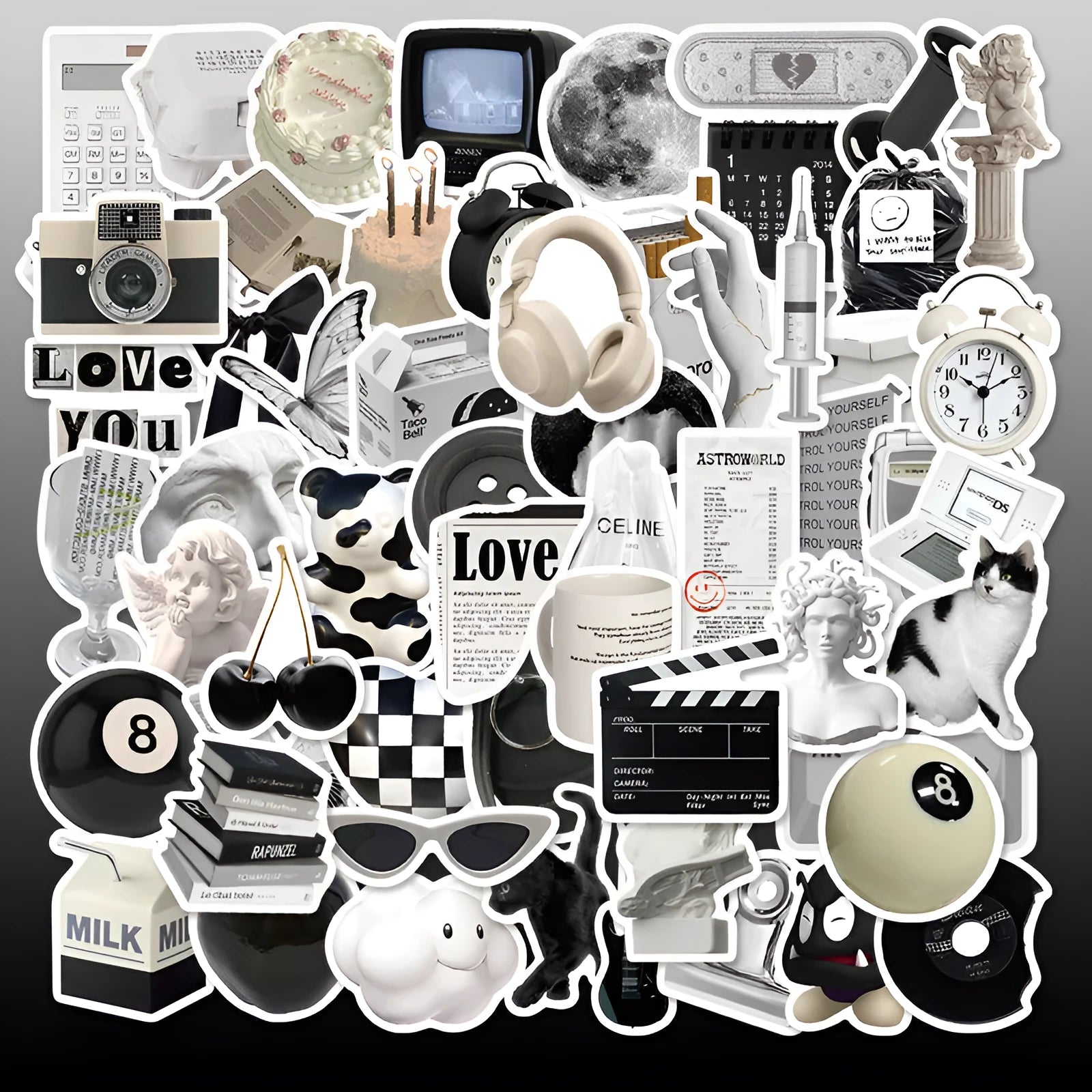 61-piece pack of black and white PVC waterproof decorative stickers for laptops and bottles.