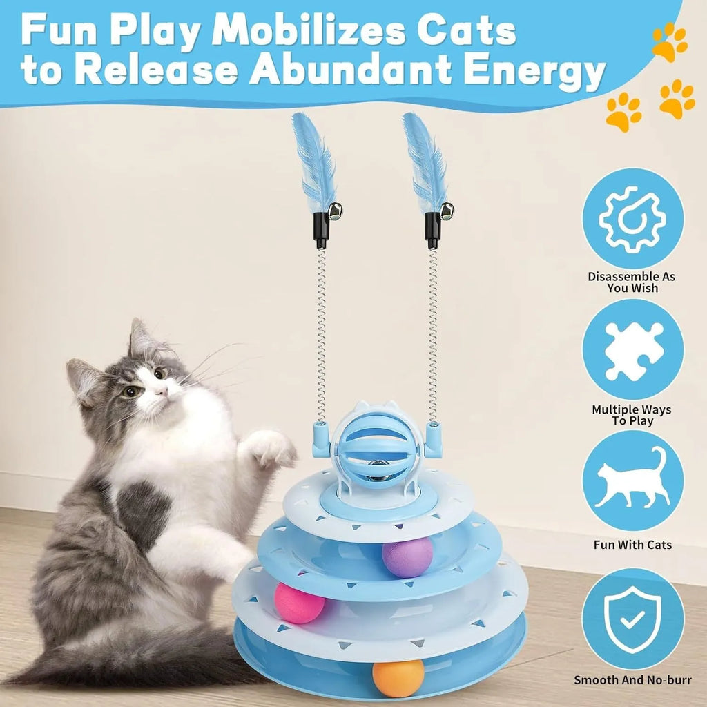 Blue four-tier interactive cat puzzle toy with rolling balls and teaser rods on a table.