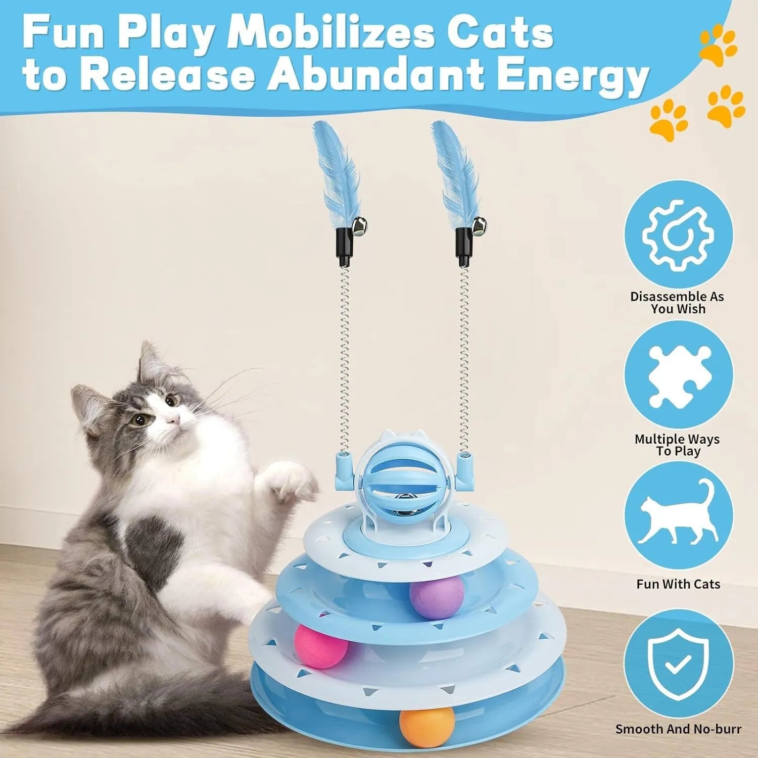 Blue four-tier interactive cat puzzle toy with rolling balls and teaser rods on a table.