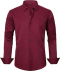 Men's slim-fit long-sleeve solid colour business casual shirt in four-way stretch polyester, shown in available colours and sizes 38/XXXS to 48/XXXXXL