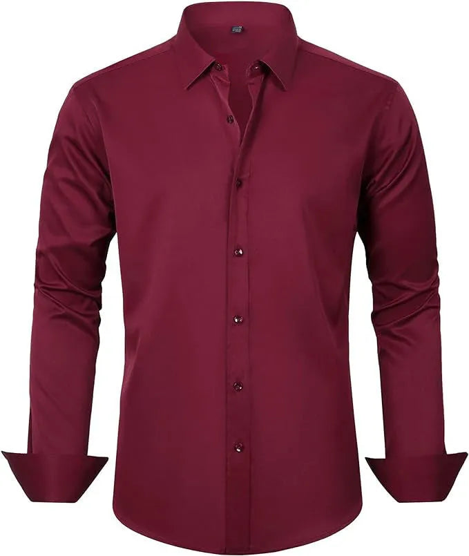 Men's slim-fit long-sleeve solid colour business casual shirt in four-way stretch polyester, shown in available colours and sizes 38/XXXS to 48/XXXXXL