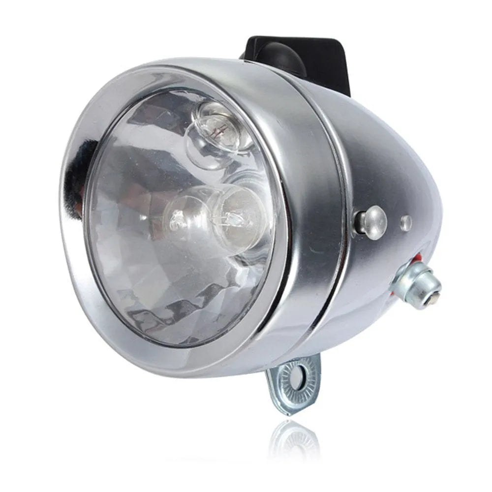 Silver bicycle dynamo generator light with friction drive mechanism and waterproof housing for 12V lighting systems