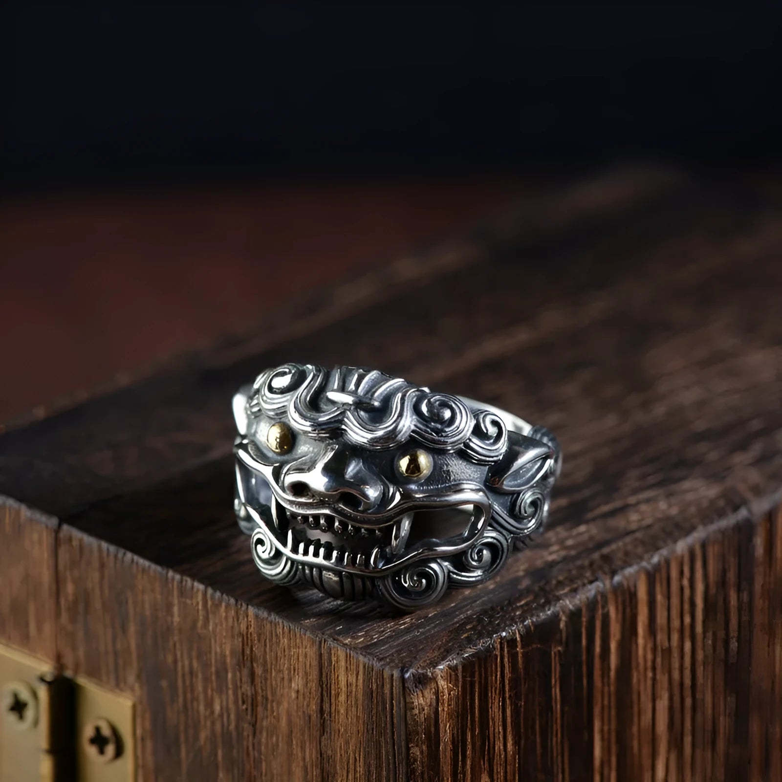 Sterling silver open ring showing animal or zodiac pattern detail with adjustable design