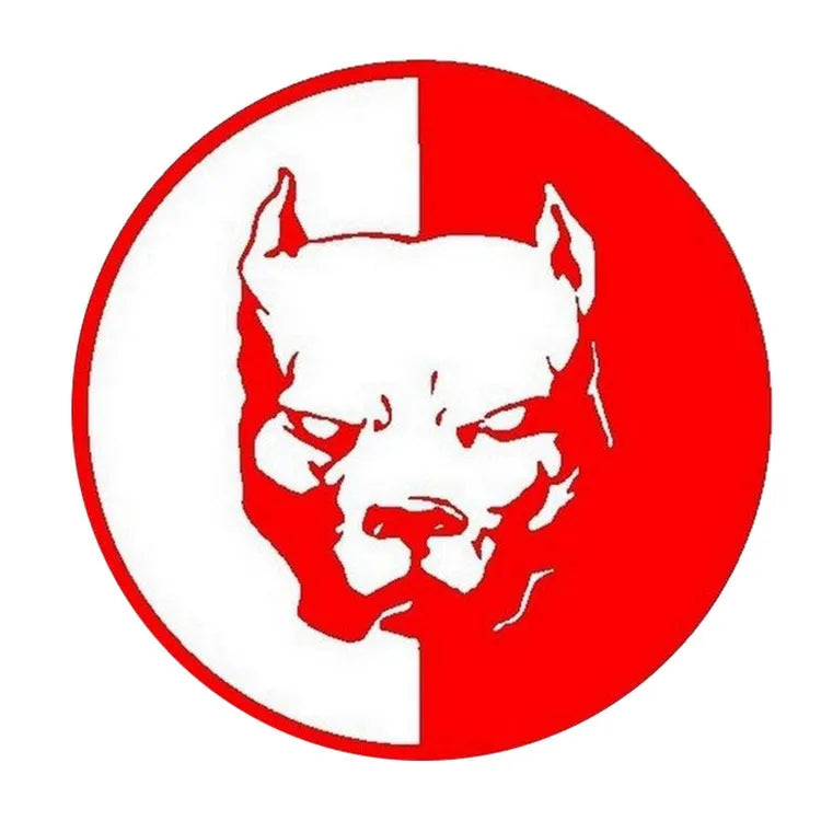 Square black, white, and red reflective car sticker with a bulldog design, sized 12x12cm.