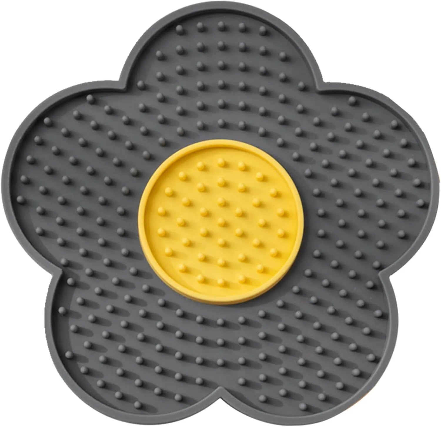 Flower-shaped silicone pet licking mat in blue with suction cups on the back, shown on a tiled surface.