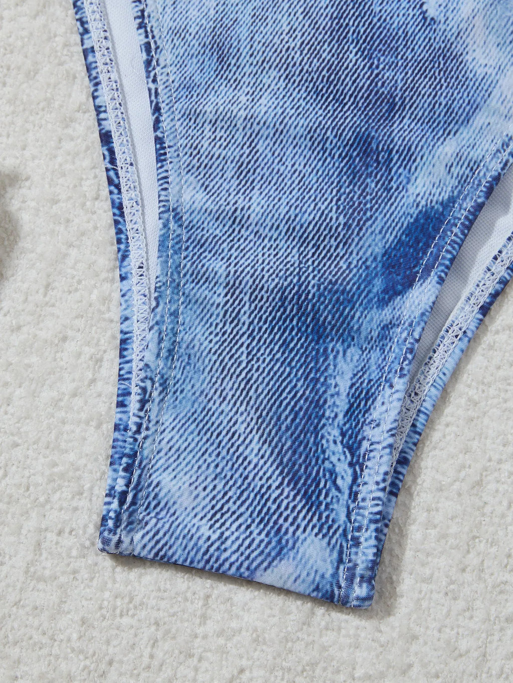 Women's denim blue printed bikini set with strap styling and spandex lining
