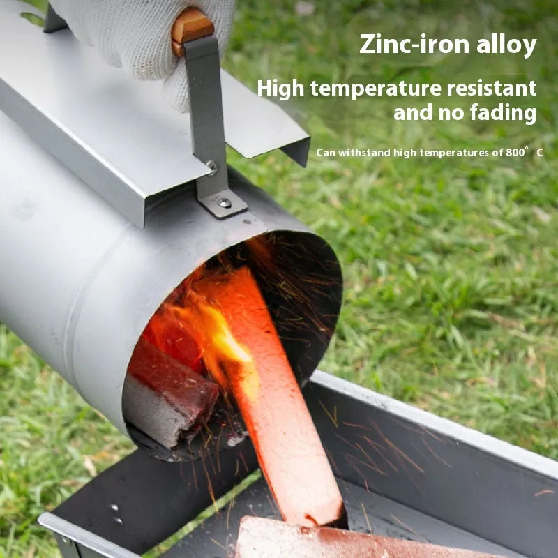 Zinc-iron alloy outdoor charcoal fire starter tool with pointed carbon barrel design.