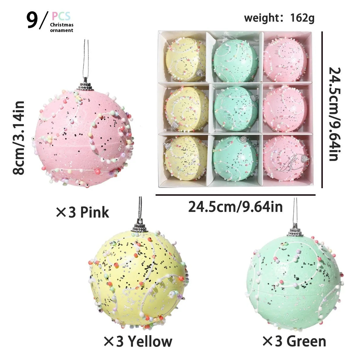 Christmas macaron ball pendants in 6cm and 8cm foam sizes for tree and holiday display decoration