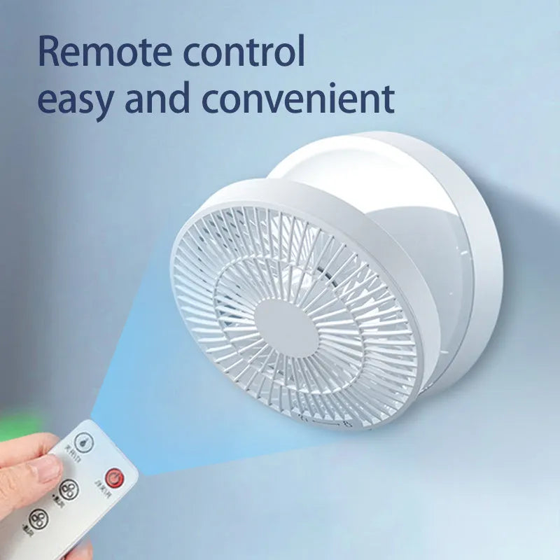 White portable folding fan with remote control shown in desktop and wall-mounted positions