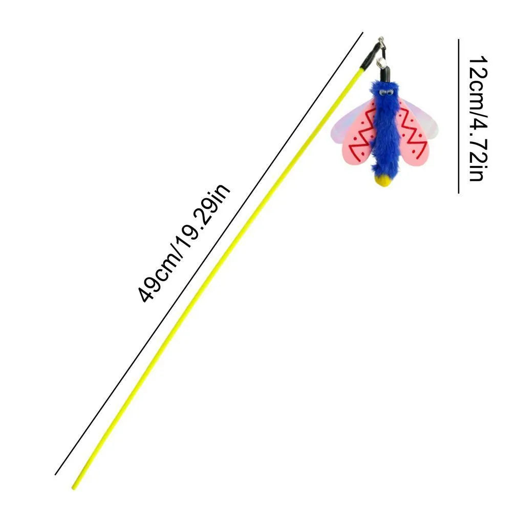 Blue dragonfly cat wand toy with bell on 49cm stick for interactive indoor play