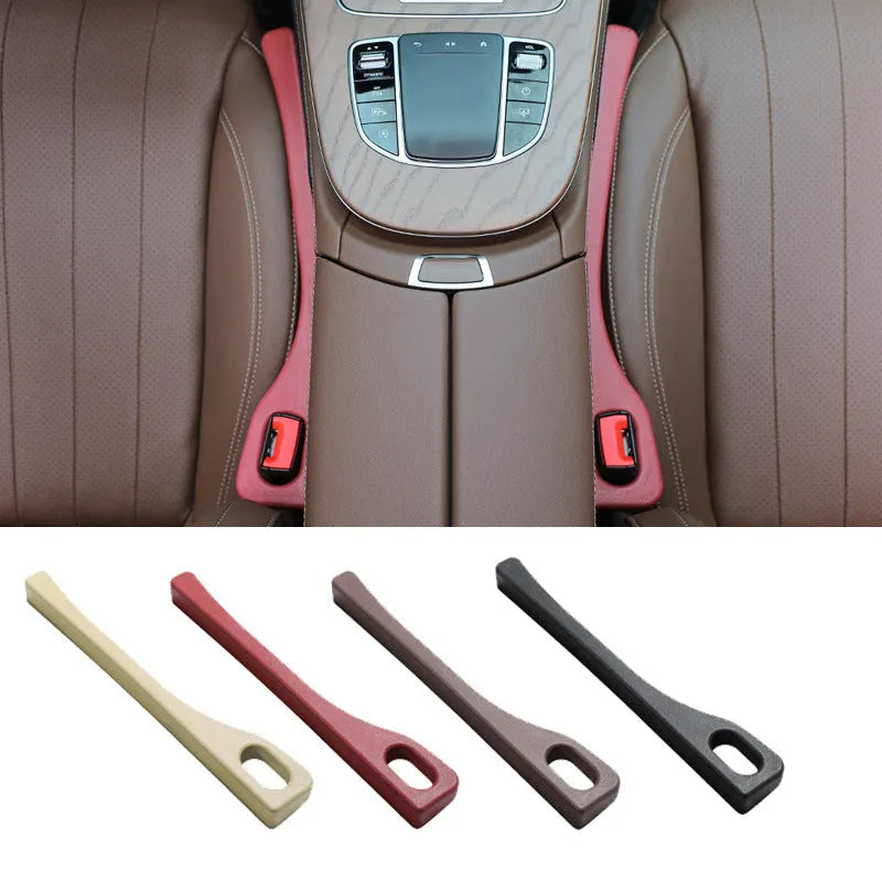 Polyurethane car seat gap filler strip in black, shown next to a vehicle centre console.