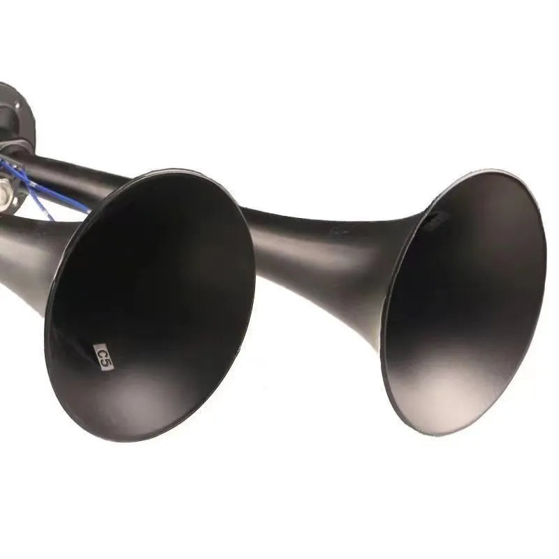 Black dual trumpet 300dB universal air horn kit for 12V and 24V vehicles