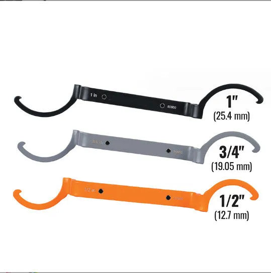 Three-piece crescent magnetic suction wrench kit in orange, gray, and black with locking mechanism.