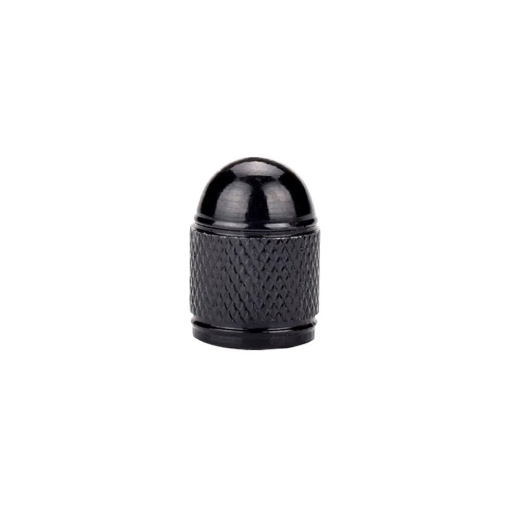 Aluminium mountain bike tyre valve dust cap in assorted colours: black, blue, gold, red, silver.