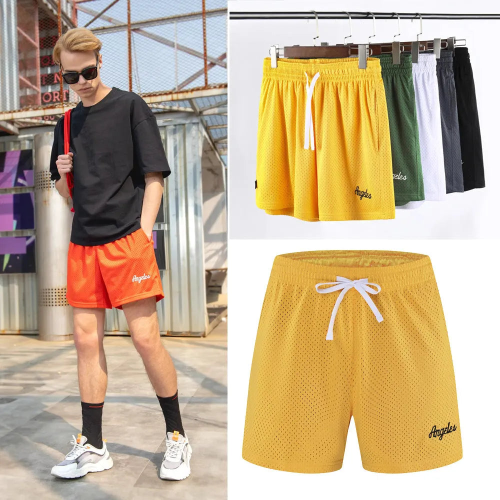 Men's double-layer mesh shorts in various colours for summer sports and leisure wear