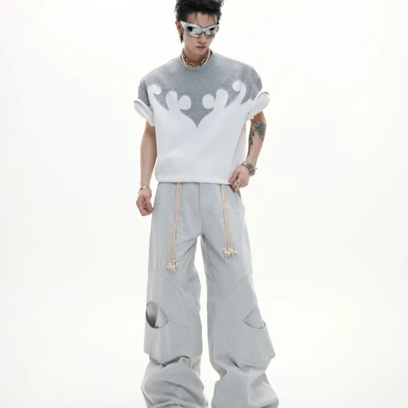 Men's cotton short sleeve shirt with burnt flower stitching and rhinestone decoration in grey colour
