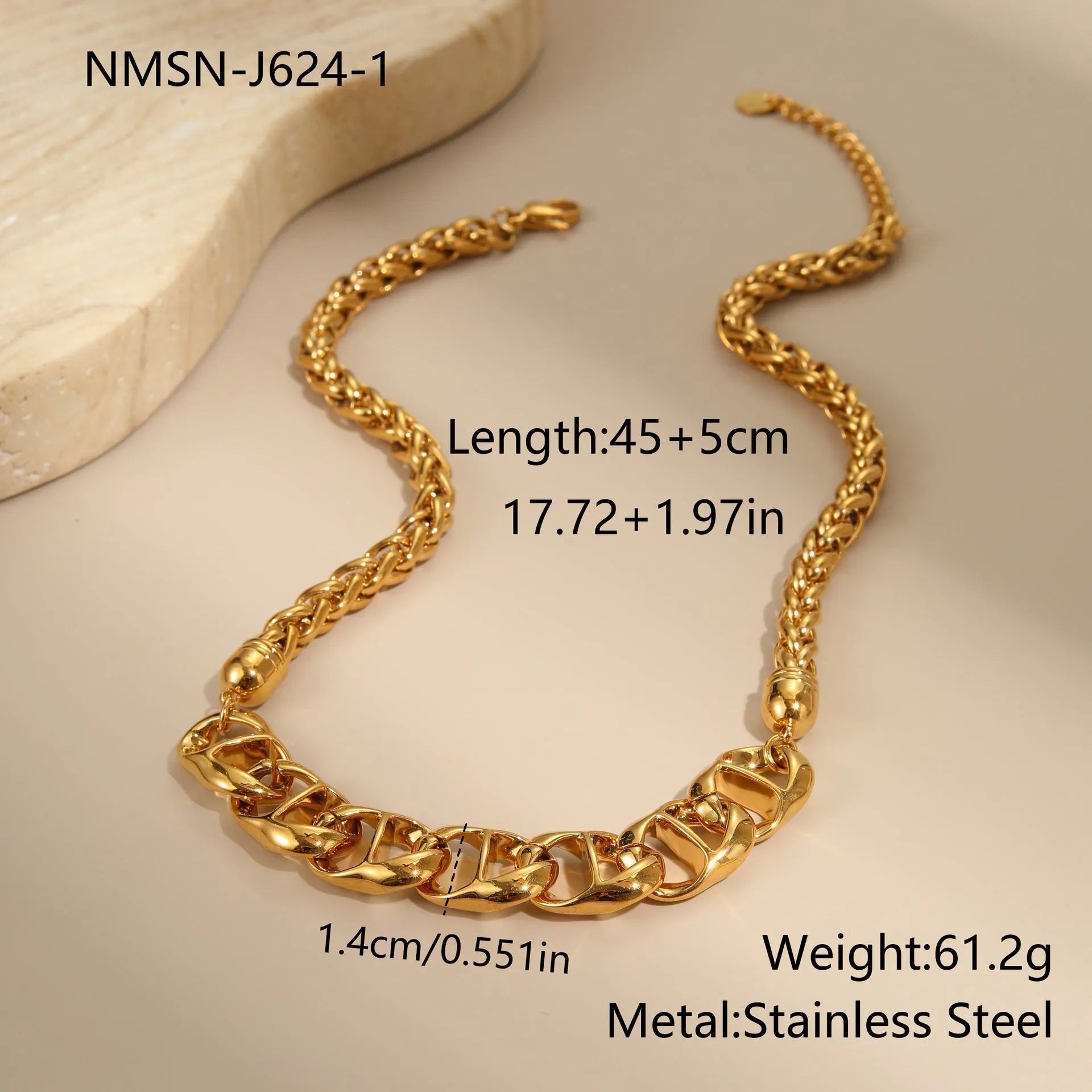 Gold plated stainless steel necklace with geometric pendant and regular chain for women