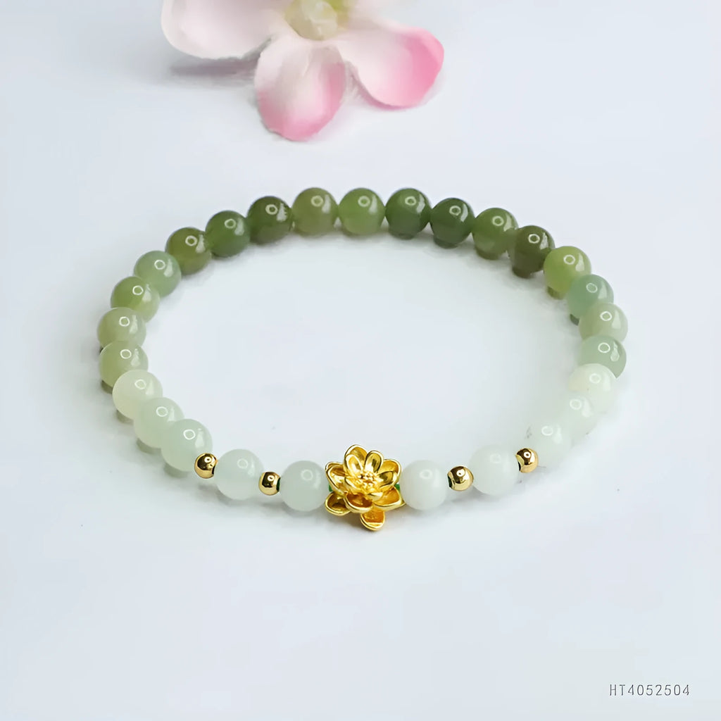 Hand-woven clear water gradient Hetian jade bracelet with 6mm flower beads