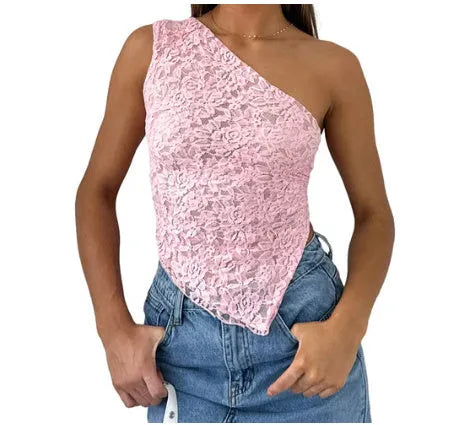 Women's lace backless top with asymmetrical neckline in solid colour