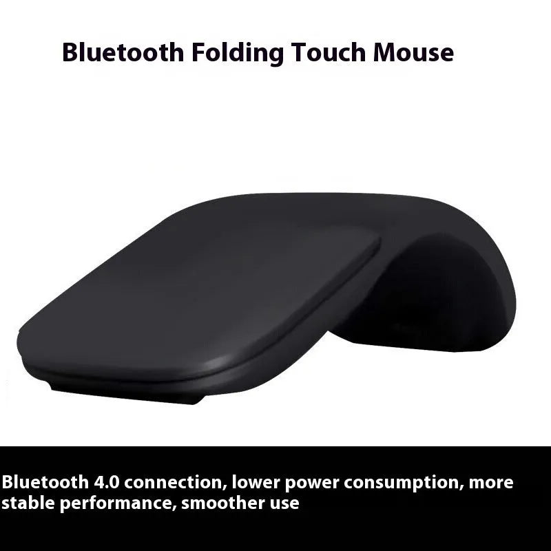 Black foldable Bluetooth touch wireless mouse shown open and closed next to a laptop