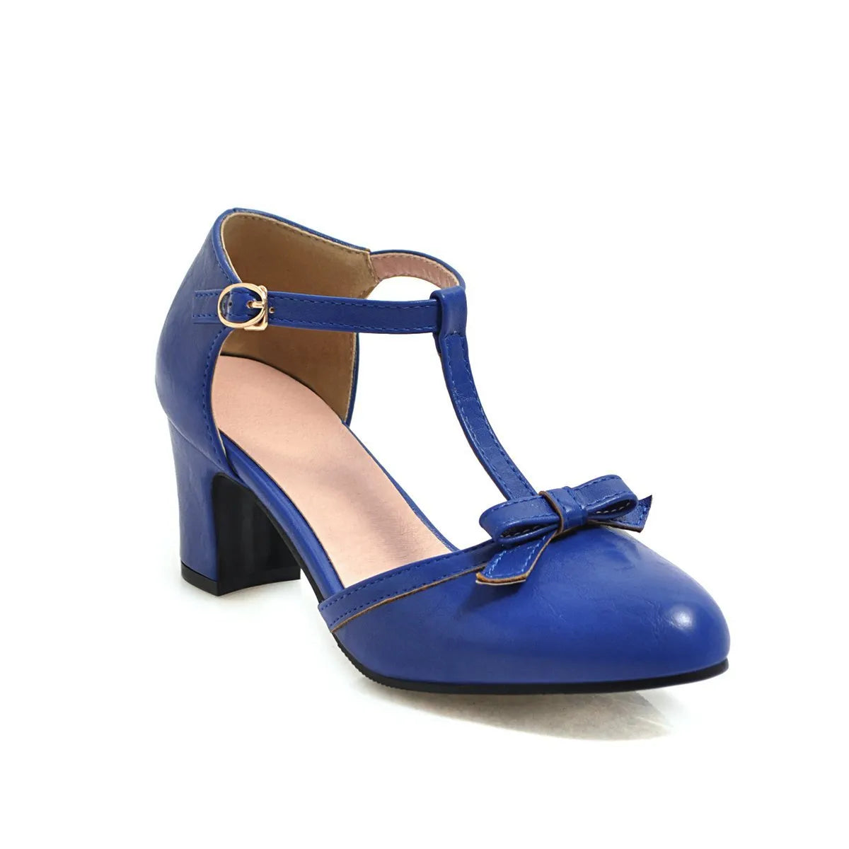 Women's apricot chunky heel sandals with hollow out design, bow tie, and a single buckle strap.