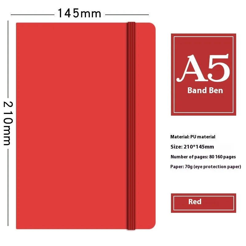 A5 faux leather notebook with pen insert and 200 sheets of 80gsm Dorian paper, shown in a choice of colours.