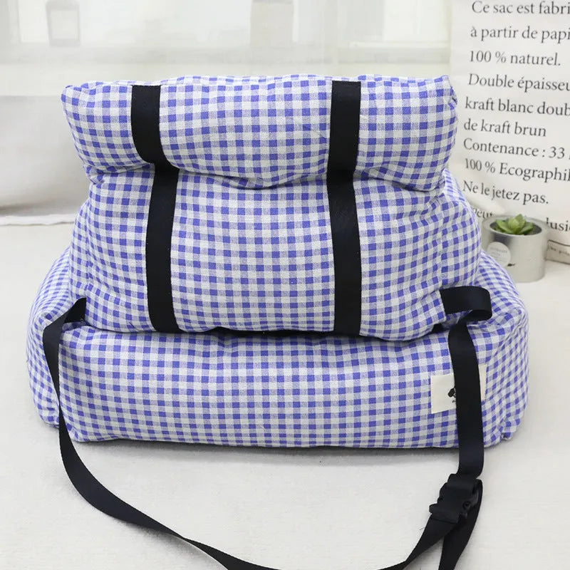 Grey and blue plaid car-mounted pet nest for dogs with stain-resistant cloth construction