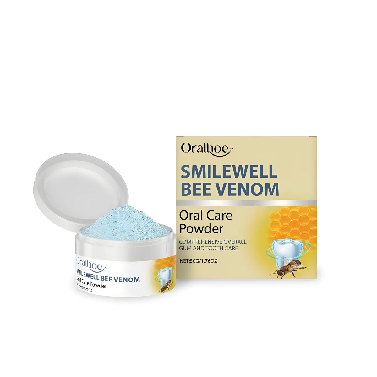 Container of sodium bicarbonate and mint tooth powder with 50g capacity