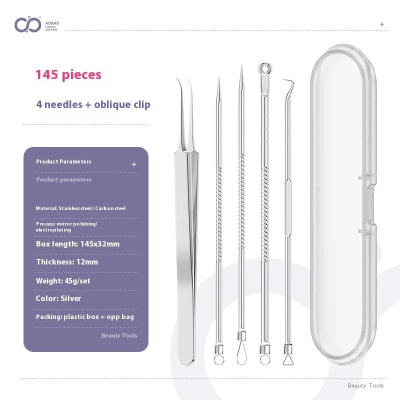 Four silver metal acne needles and a handling clip laid out on a clean surface.