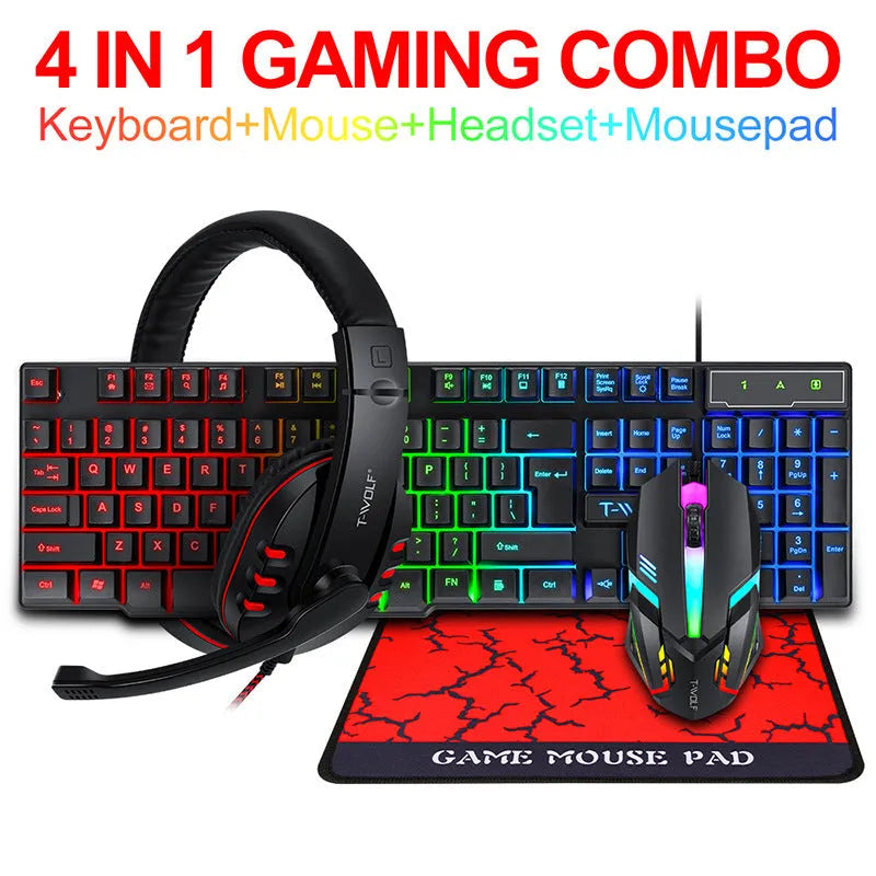 Thunder Wolf T800 wired USB keyboard and mouse gaming bundle set with luminous effects