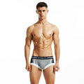 Men's cotton low waist boxer shorts in red, dark blue, and light grey colours on a size chart.