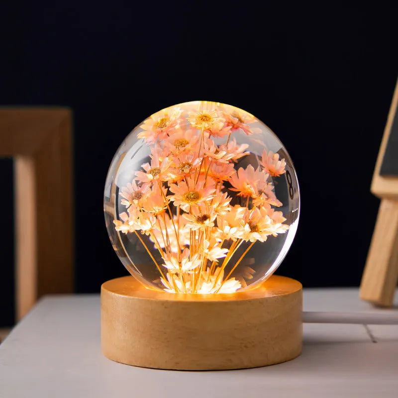 3D dandelion crystal ball night light on beech wood base with preserved flowers inside 6cm resin sphere