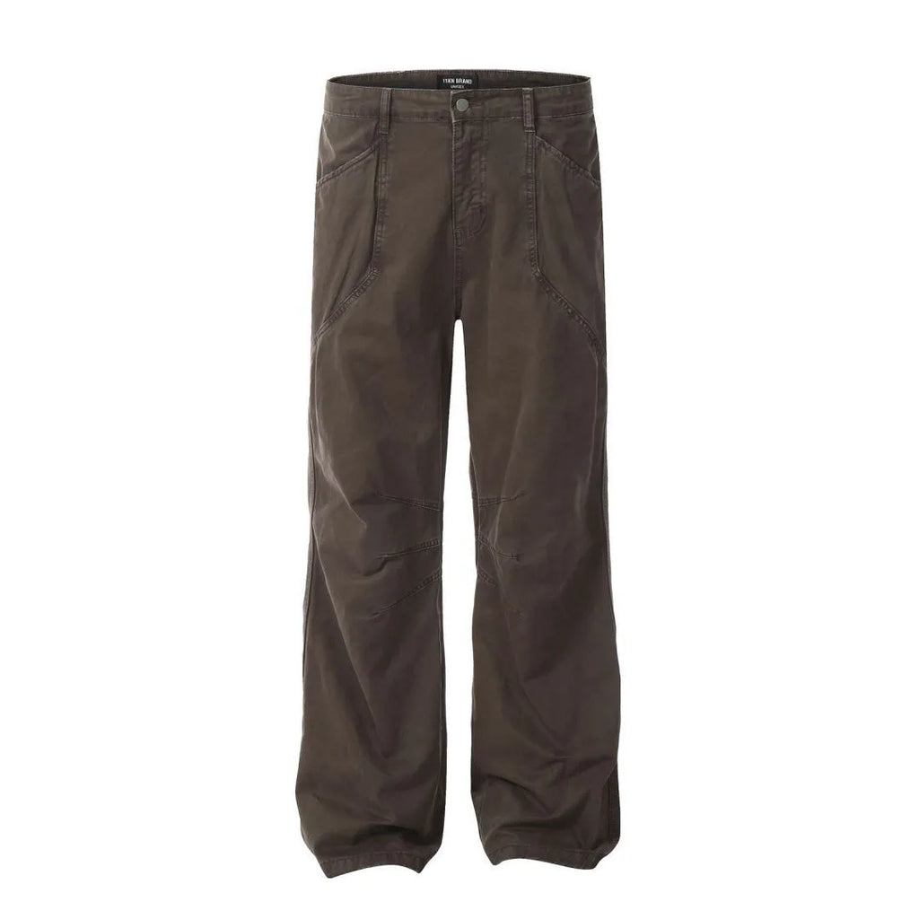 Men's loose straight-leg high-waist jeans in brown cotton fabric laid flat
