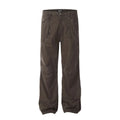 Men's loose straight-leg high-waist jeans in brown cotton fabric laid flat