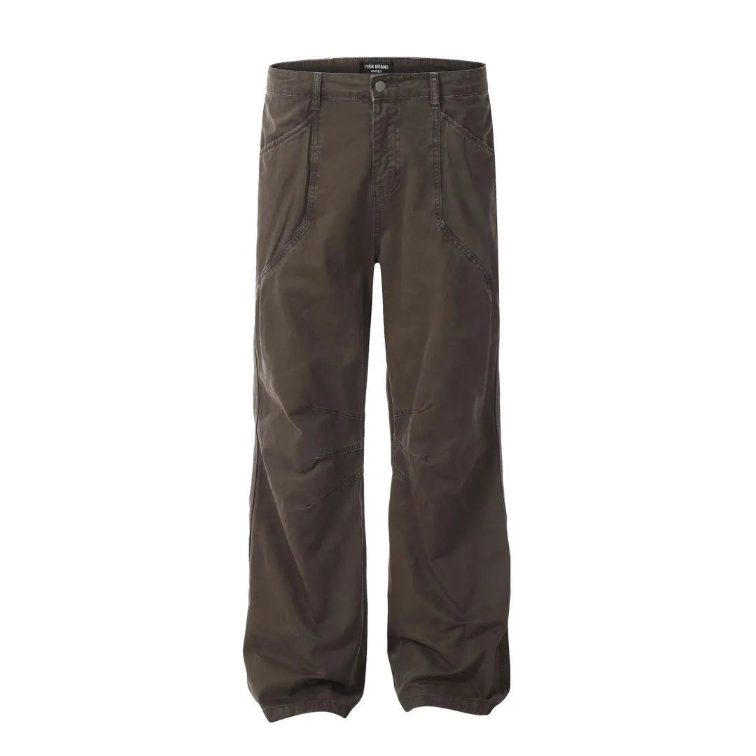 Men's loose straight-leg high-waist jeans in brown cotton fabric laid flat