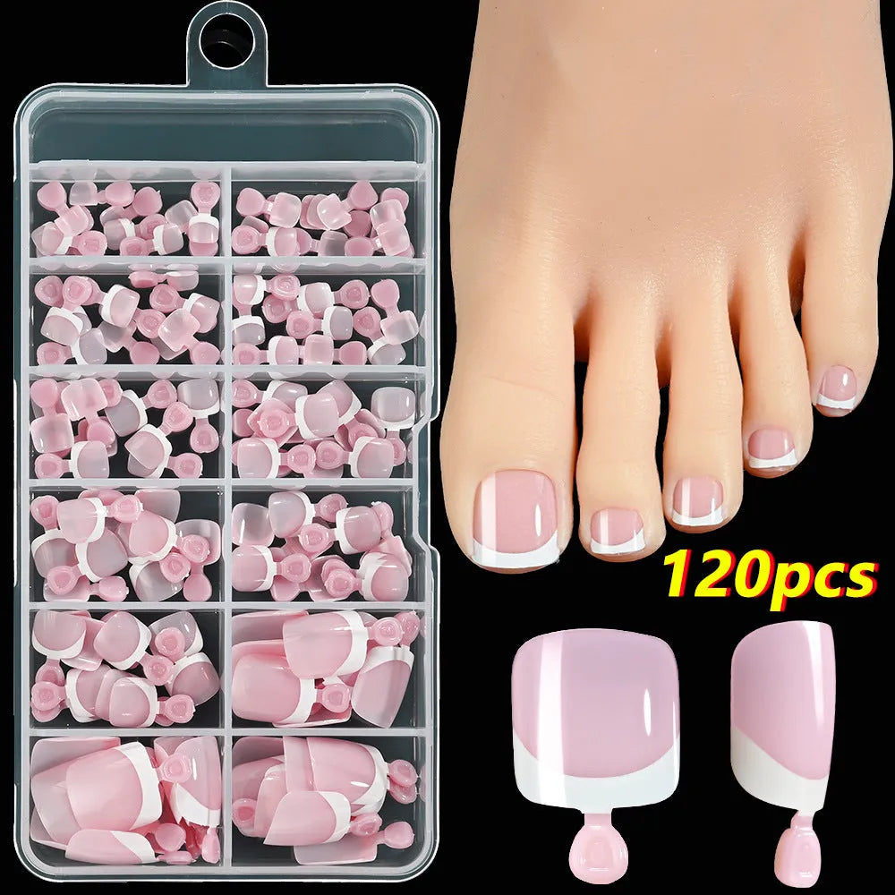 Box of 120 square short false nail pieces with French white edge design in nude colours
