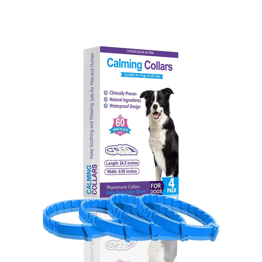 Set of four monochrome TPR dog anxiety soothing collars in Chinese style, 62cm length, available in black, blue, gray, orange, pink, and purple.