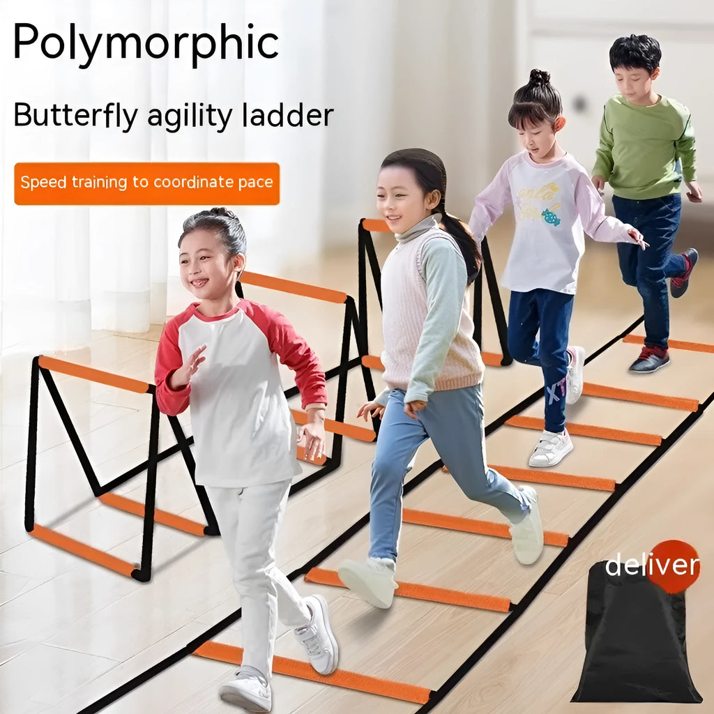 Plastic butterfly agility ladder and jump grid set laid out flat for children's fitness training