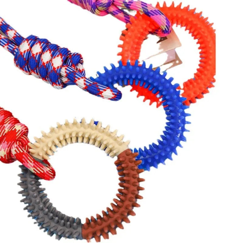 Blue braided rope pet toy with puppy knot design for biting and chewing