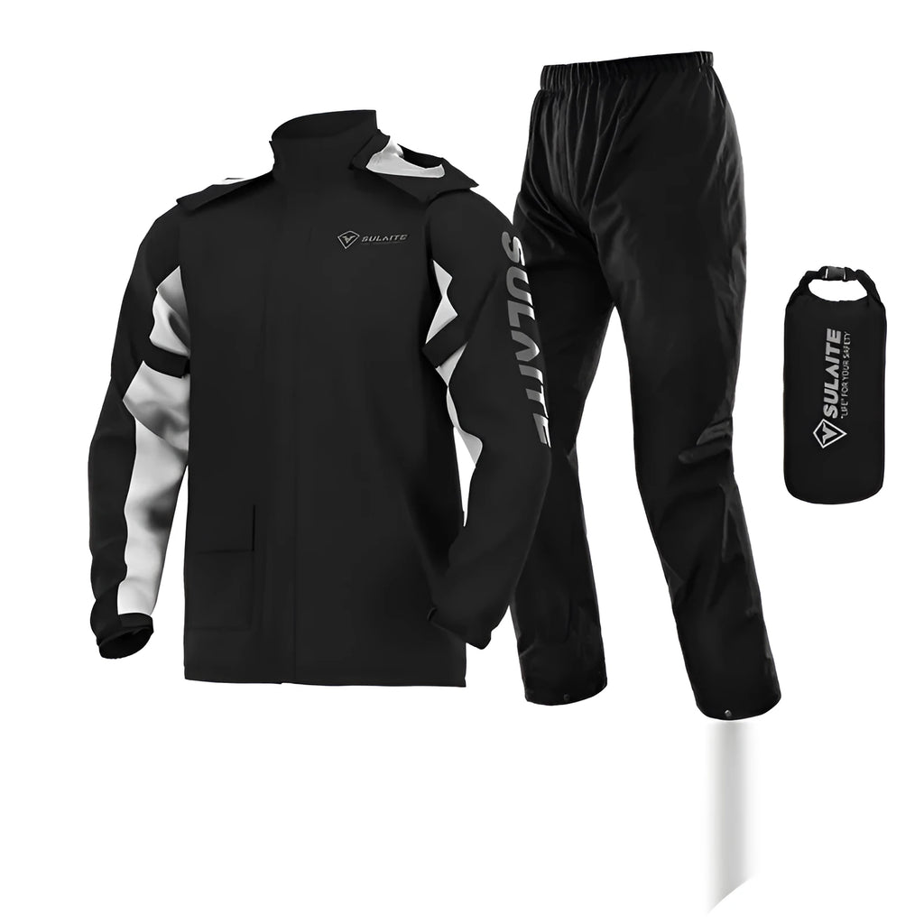 Motorcycle rain suit set comprising a raincoat, rain trousers, hidden shoe covers and a storage bag.