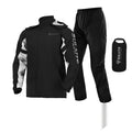 Motorcycle rain suit set comprising a raincoat, rain trousers, hidden shoe covers and a storage bag.