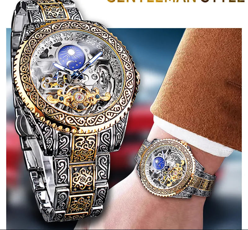 Forsining yellow gold skeleton tourbillon automatic watch with 44mm stainless steel case