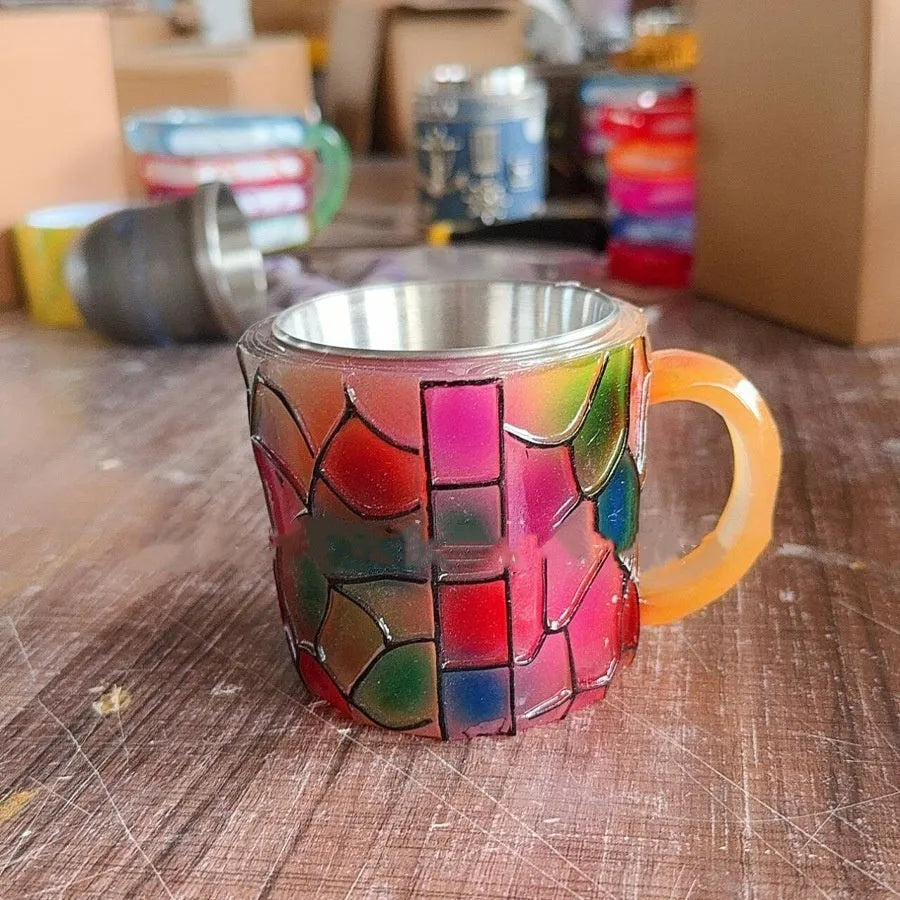 Hand-painted synthetic resin coffee cup ornament with decorative patterns, measuring 13cm tall