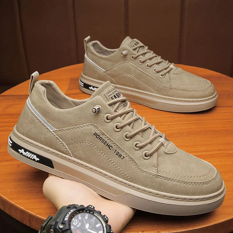 Men's low-top casual sneakers in khaki with round toe and rubber sole.