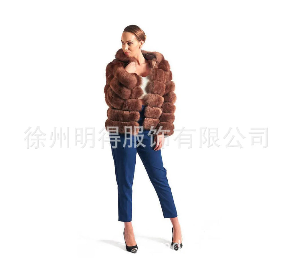 Women's artificial fur hooded coat in street fashion style showing brown and white silver fox colour options