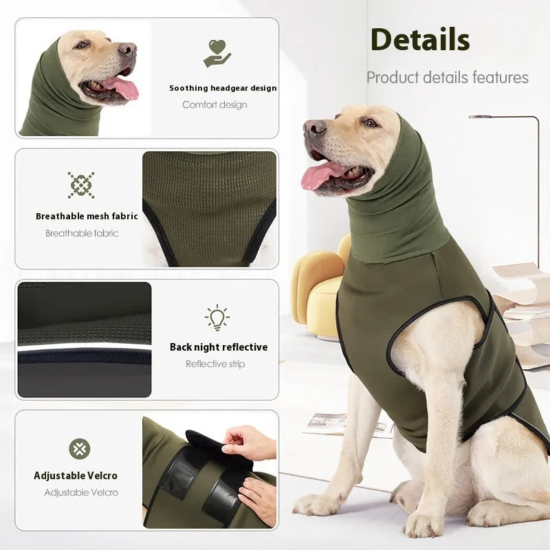 Polyester dog anti-anxiety jacket in army green or dark blue available in seven sizes from XS to XXXL