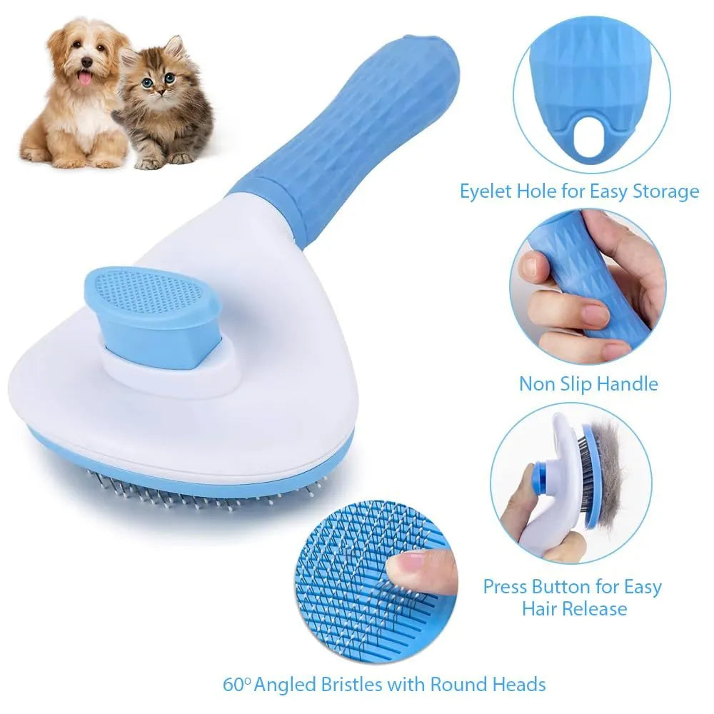Cat grooming brush with release button in blue, grey, or pink, showing fine wire bristles